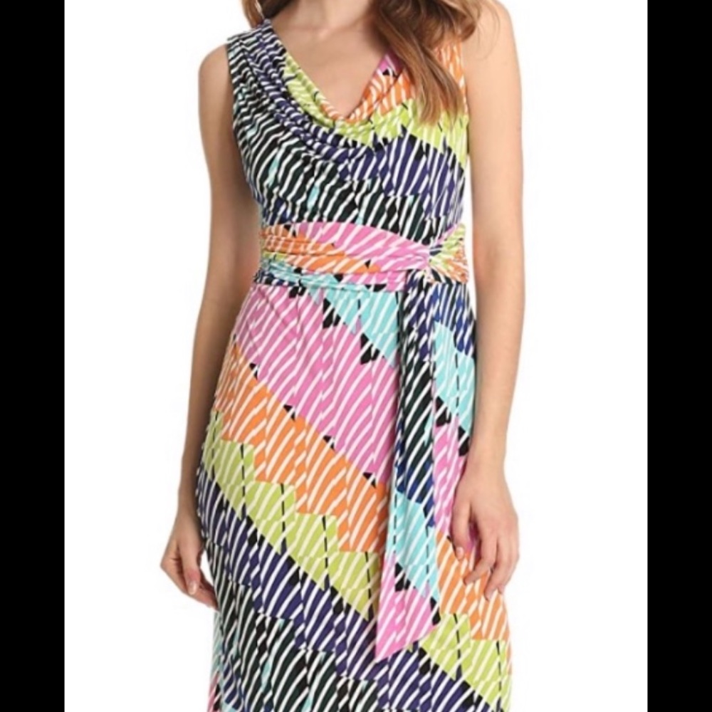 London Times Geometric Multi-color Tie-Waist Dress